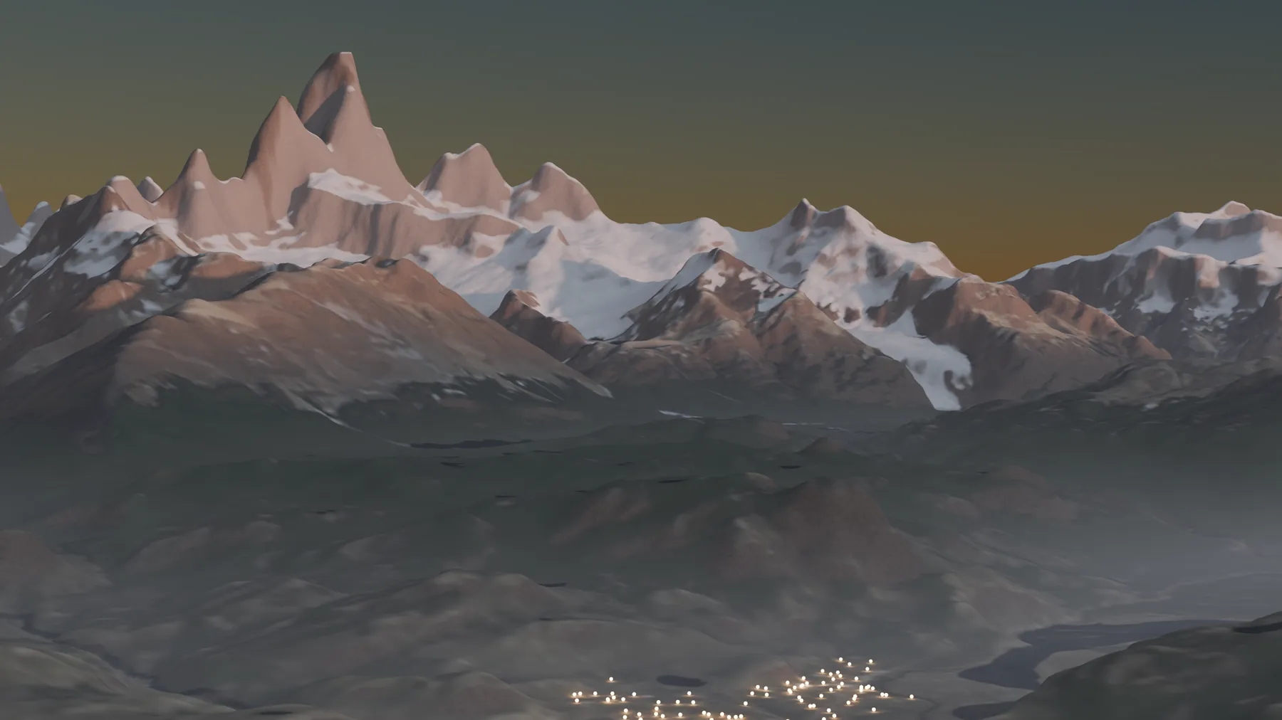 Render de El Chaltén antes del amanecer: el macizo del Fitz Roy iluminado arriba y las luces de los alojamientos del pueblo abajo