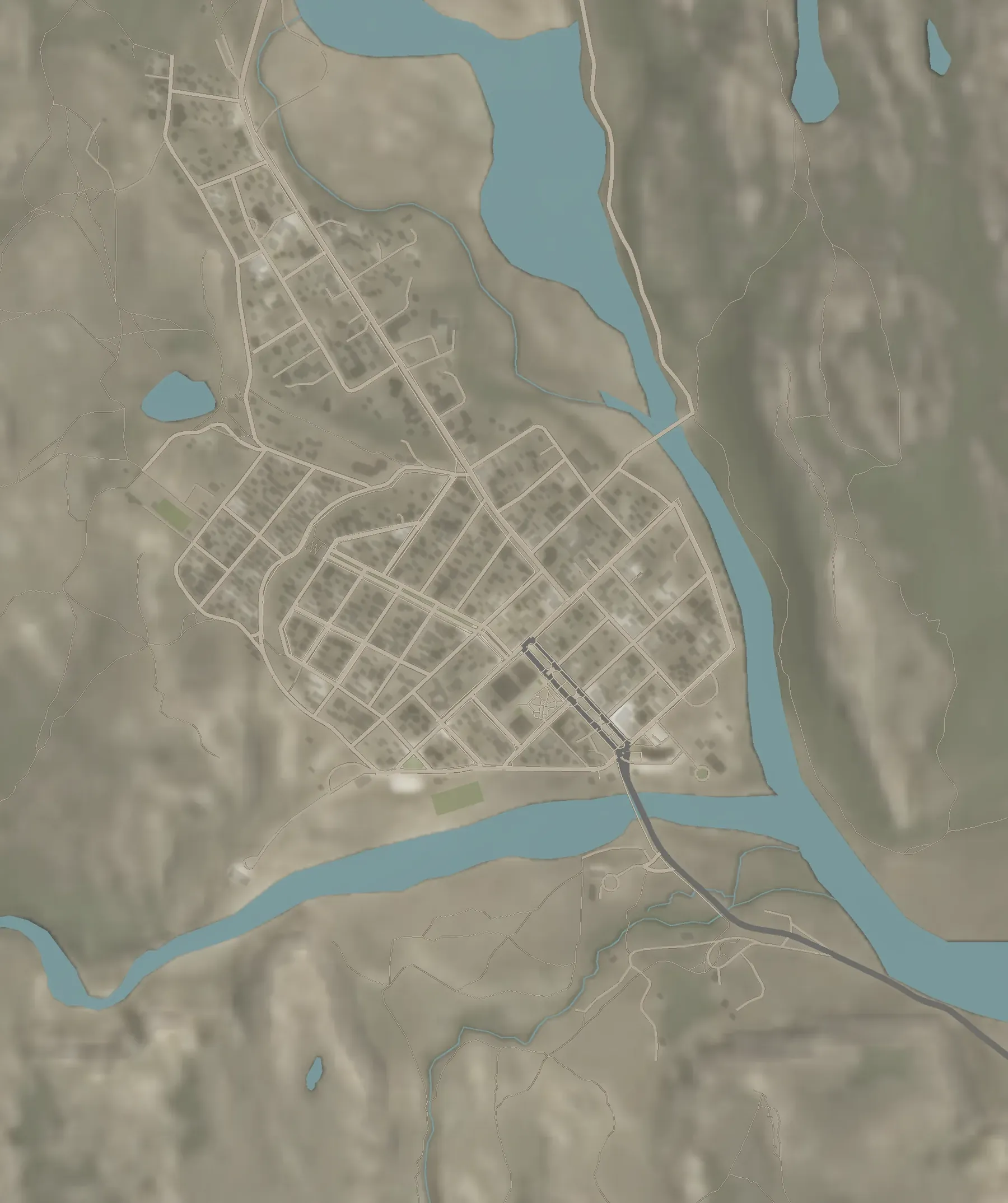 El plano del pueblo — Calles, río y sombras, a un metro por píxel.