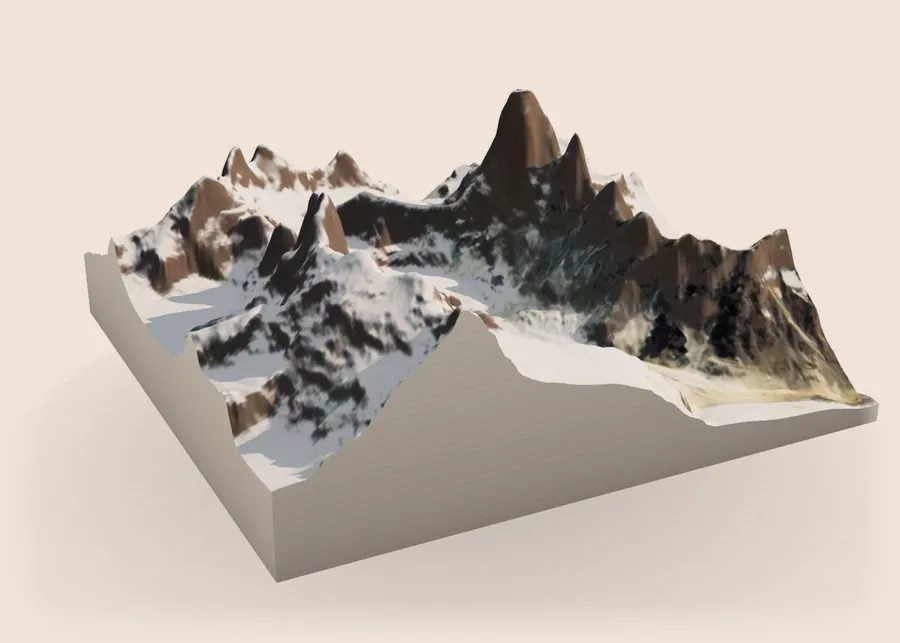 Maqueta 3D del macizo del Fitz Roy y el Cerro Torre, un bloque de relieve real flotando sobre la página