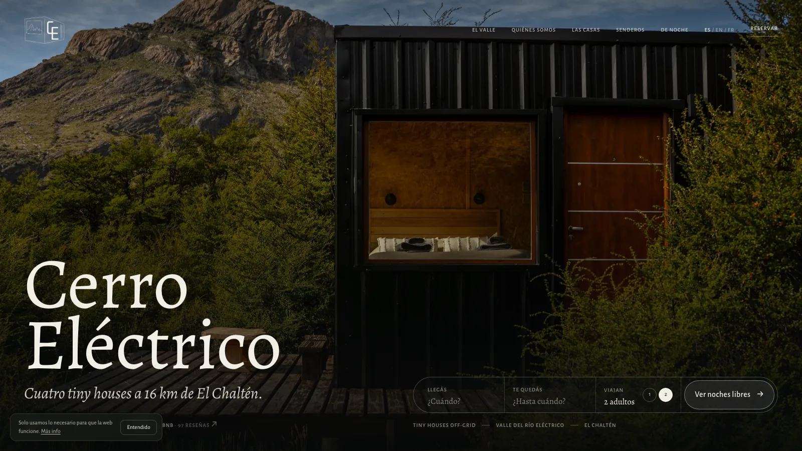 Portada de la web de Cerro Eléctrico, tiny houses en El Chaltén, con buscador de fechas