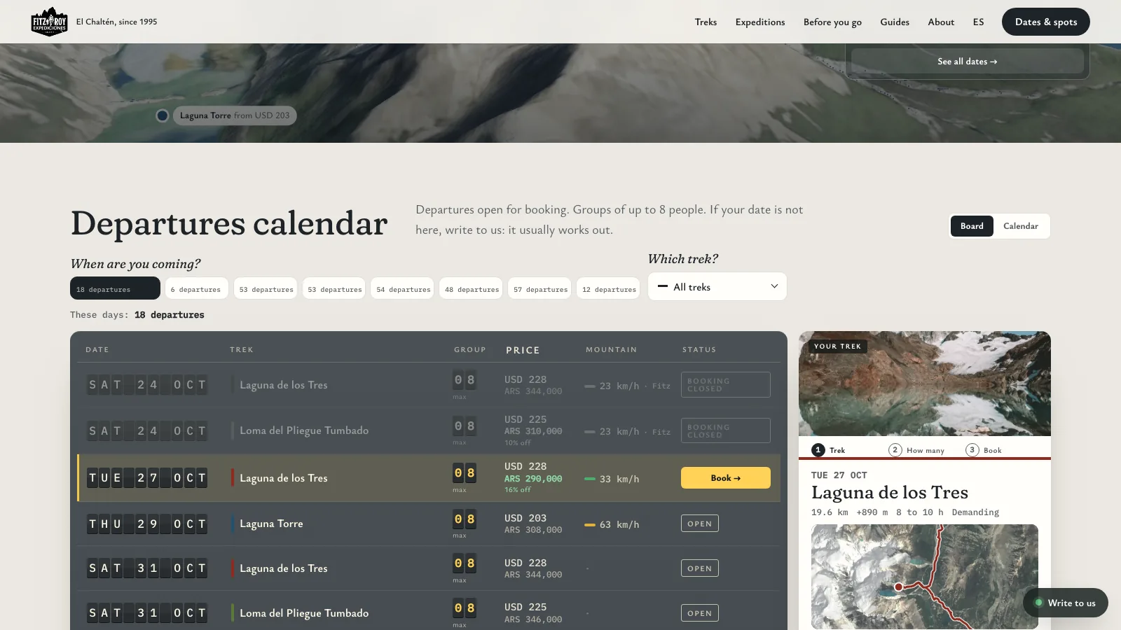 Calendario de salidas en la web de Fitz Roy Expediciones